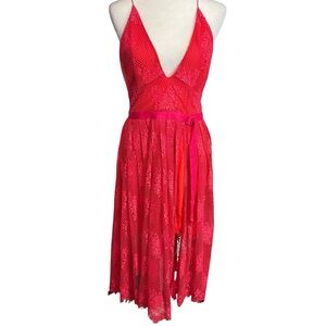 Free People Matchpoint Midi Lace Dress Layered  Sz S  Red Sexy Boho